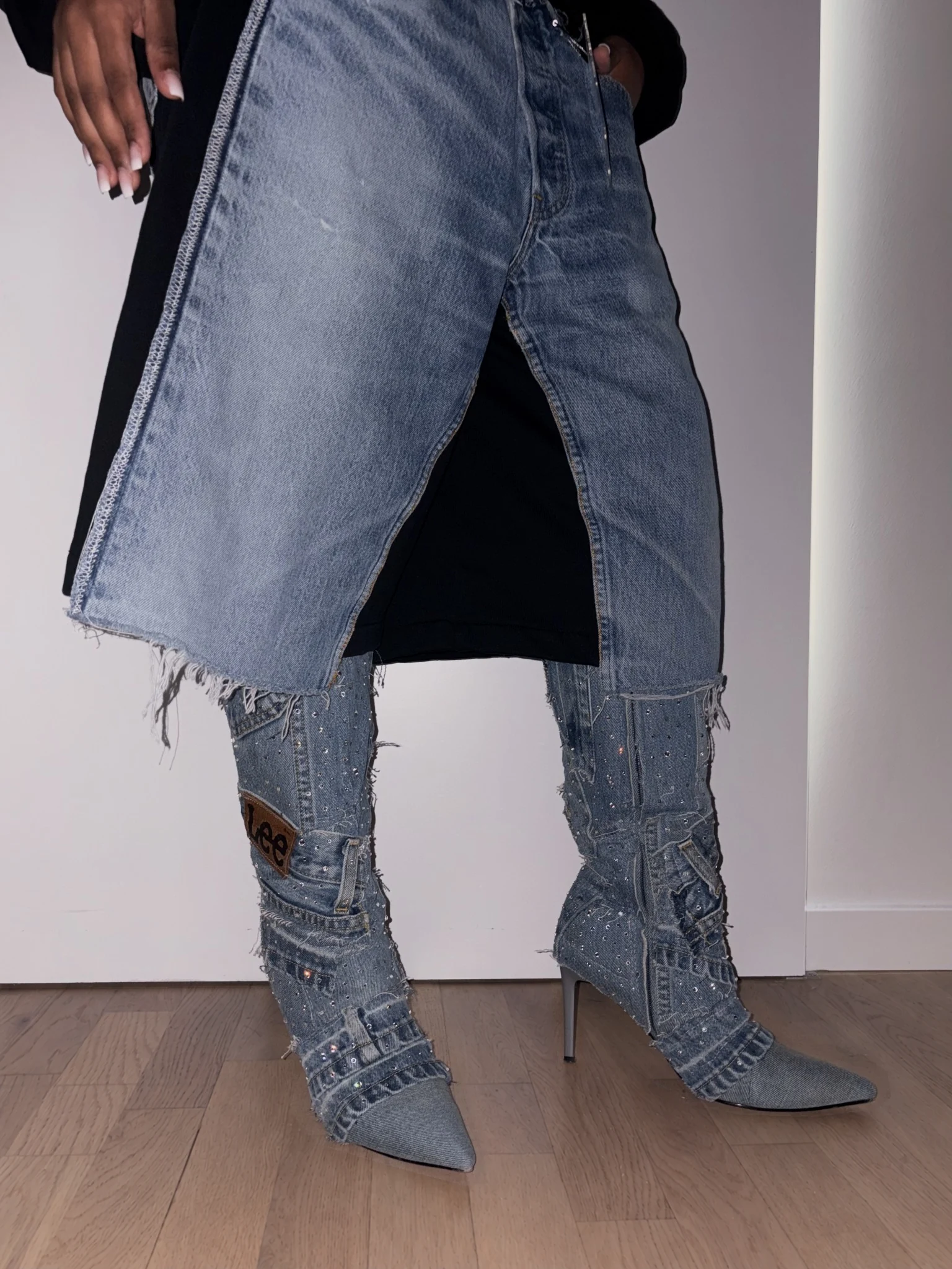 Raw denim hems and sparkling patchwork denim boots.